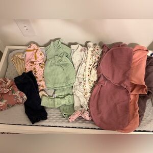 Baby girl 0-3 fall /winter lot - swaddles , pajamas , outfits & sleeper gown